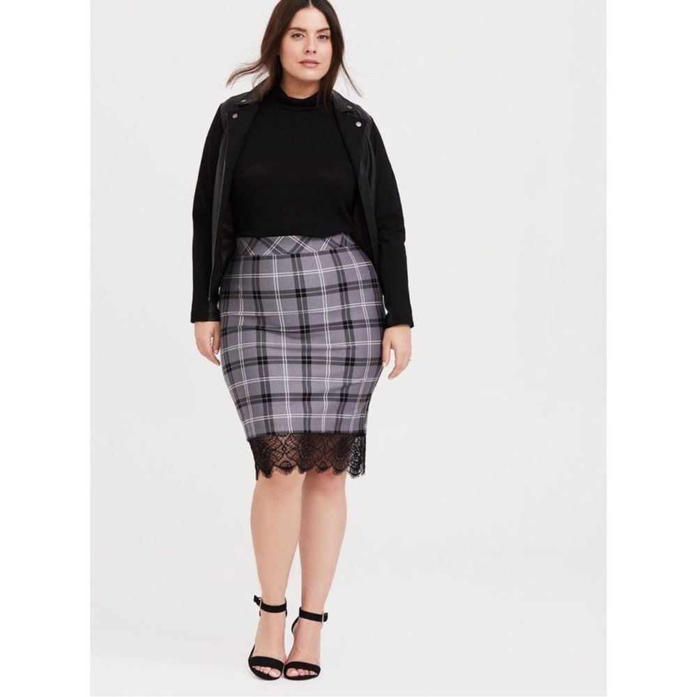 NWT TORRID Studio Luxe Gray Black Plaid Lace Trim Midi Ponte Pencil Skirt 3 3x